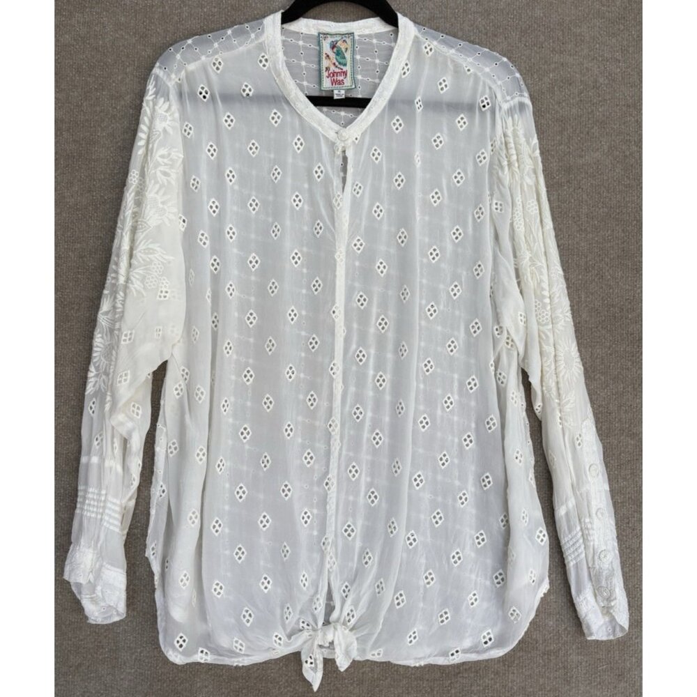Johnny Was Woman's Blouse XL White Long Sleeve Embroidered Floral Boho GUC